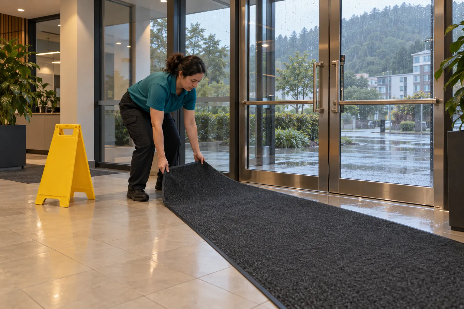 A cleaner laying an entrance mat inside the glass doors of an office foyer on a rainy morning, beside a yellow wet floor sign.