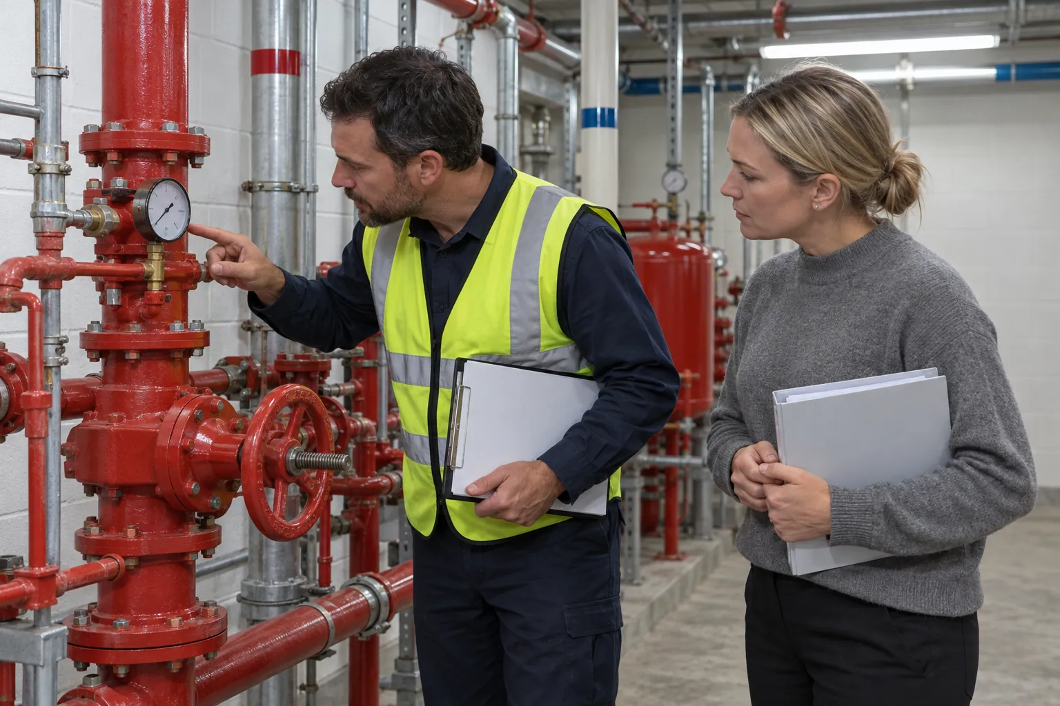 A fire protection inspector reading a sprinkler valve gauge in a basement plant room as a property manager looks on.