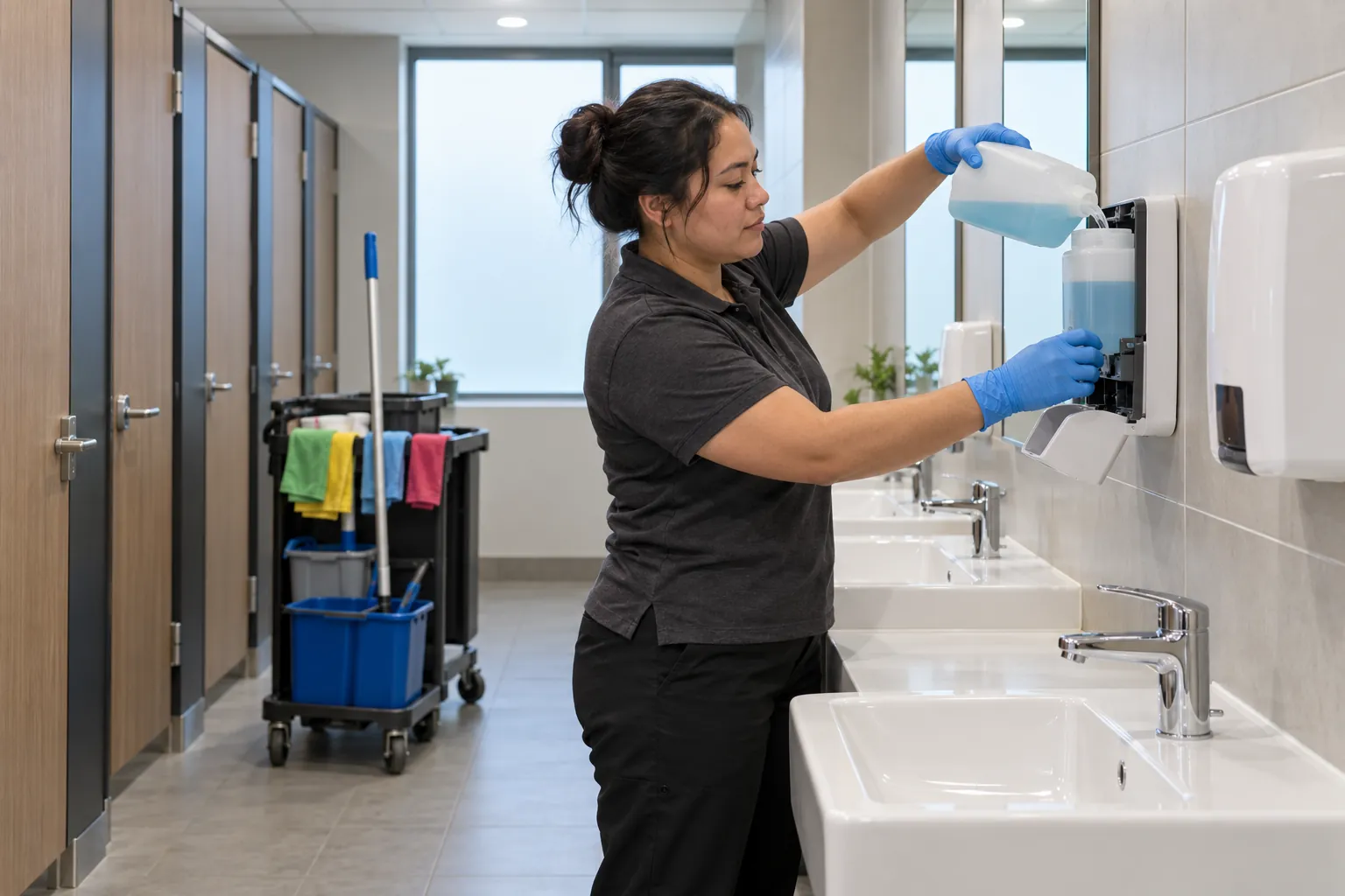 A cleaner in gloves refilling a soap dispenser above a row of basins in an office toilet.