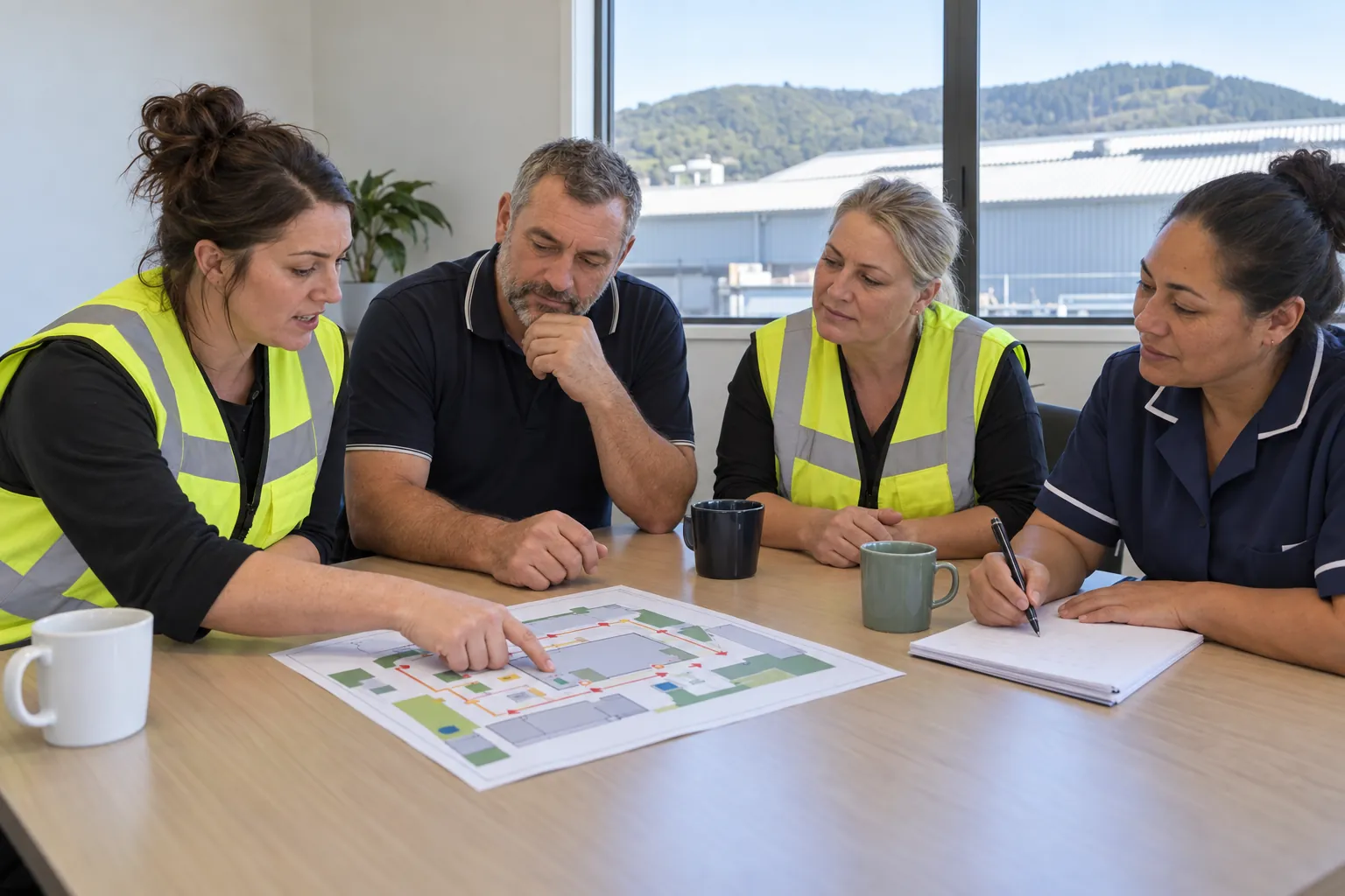 Fire wardens and staff around a meeting table going through a floor plan in a debrief after a trial evacuation.