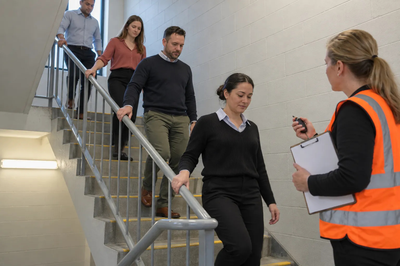 Office staff walking down an escape stair during a fire drill while an observer in a high-visibility vest times them with a stopwatch.