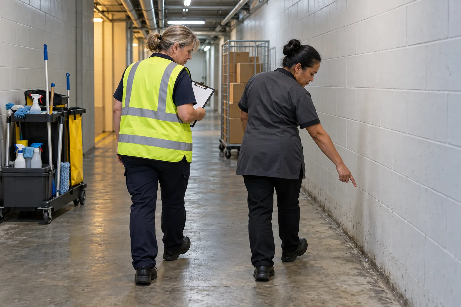 A health and safety representative and a cleaner inspecting a floor edge in a back-of-house corridor.