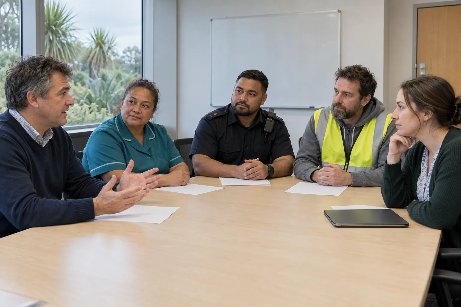 A facilities manager, a cleaner, a security officer, a caretaker and an office worker talking round a meeting table.