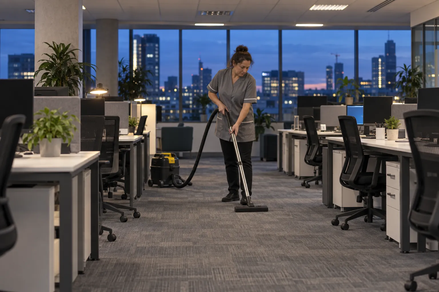 A cleaner vacuuming between rows of empty desks in an open-plan office in the evening.