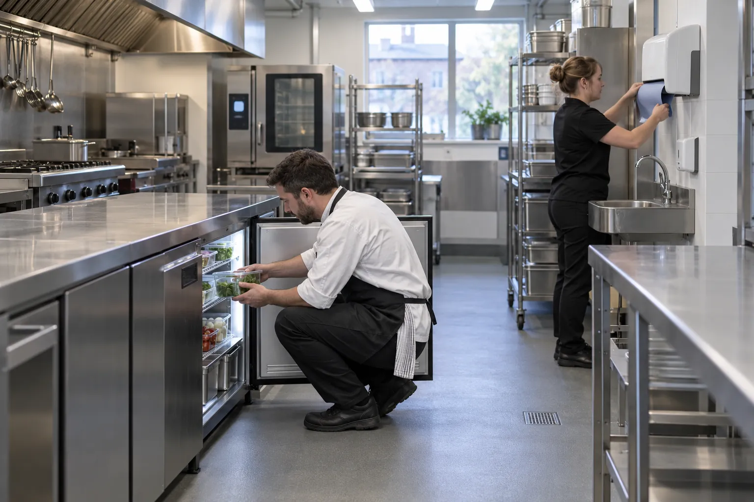 A chef checking an undercounter fridge while a colleague refills paper towels in a pub kitchen before opening.