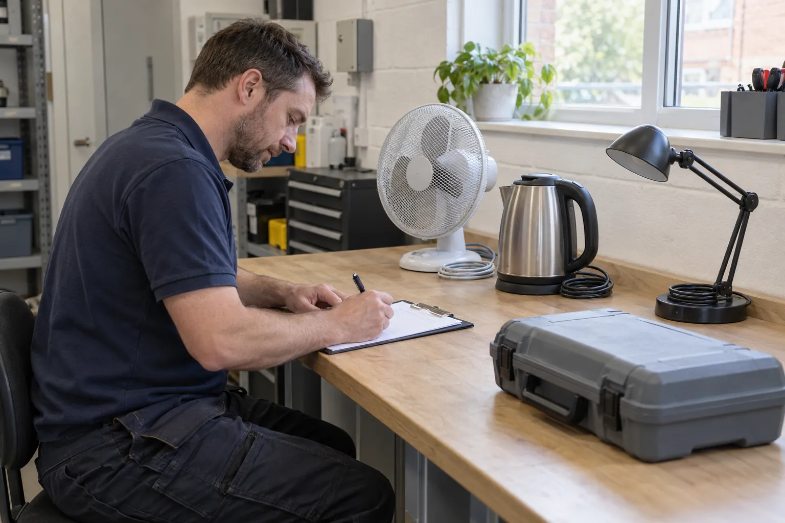 An electrician at a workbench logging results beside a portable appliance tester, with small appliances lined up for testing.