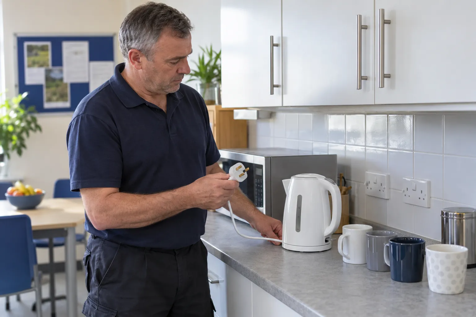A school caretaker inspecting the lead and three-pin plug of an unplugged kettle on a staffroom kitchen worktop.