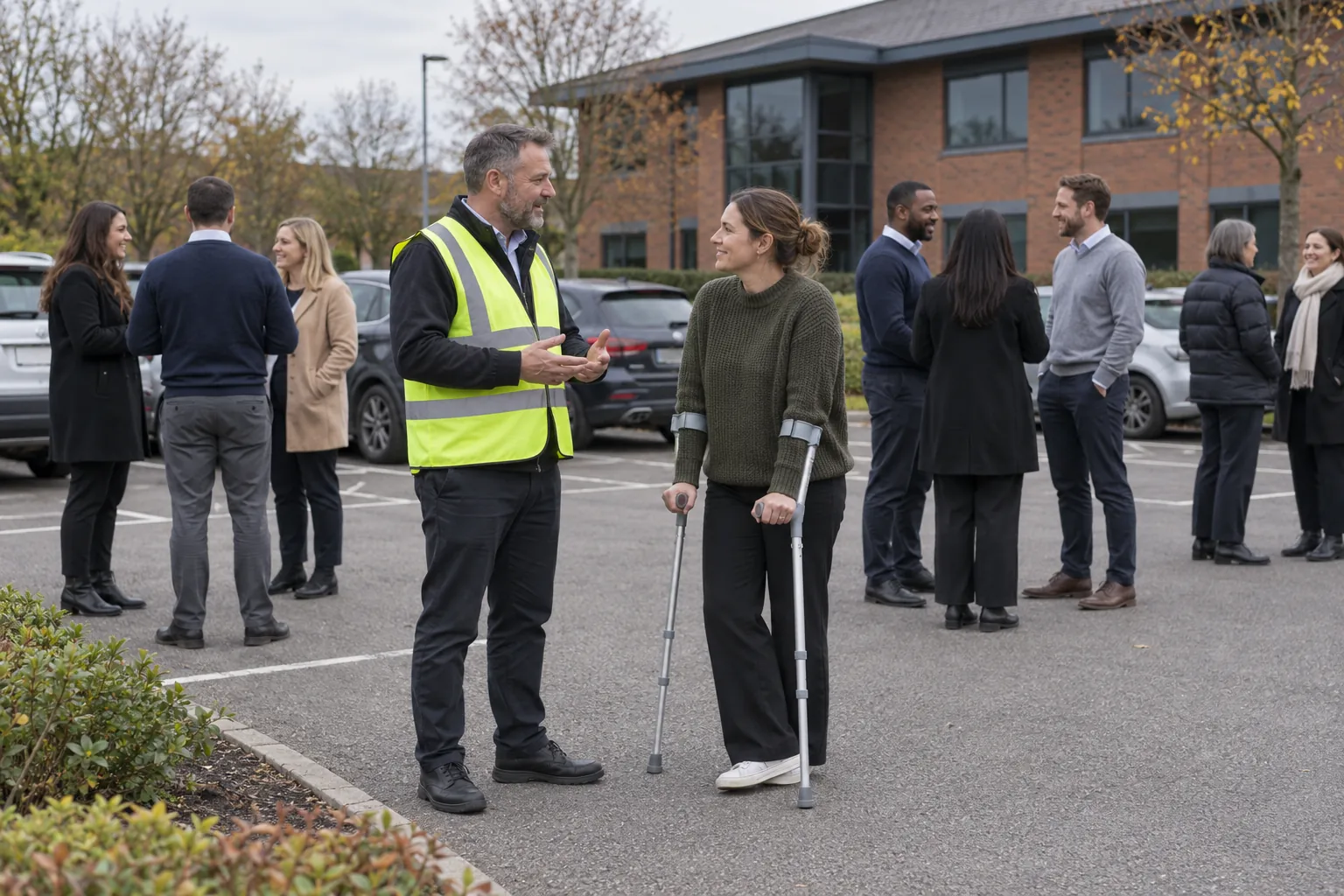 Office staff gathered at an outdoor assembly point, a fire marshal in a hi-vis vest talking with a colleague on crutches.