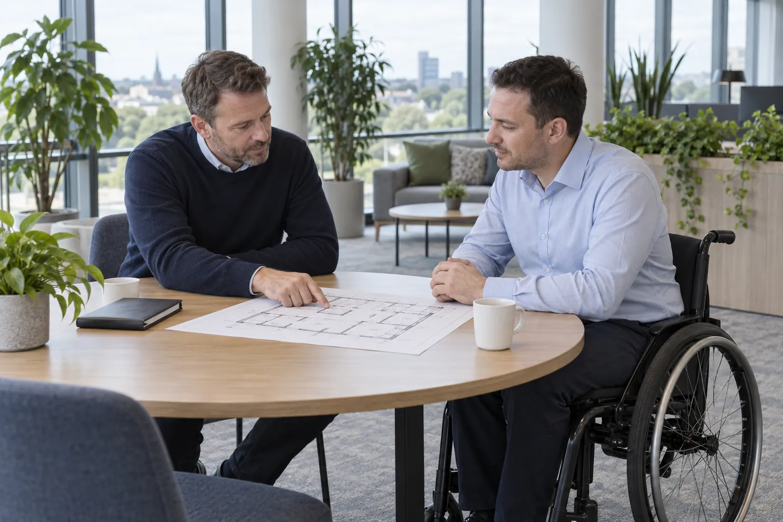 A premises manager and a colleague who uses a wheelchair going through a floor plan together at an office meeting table.