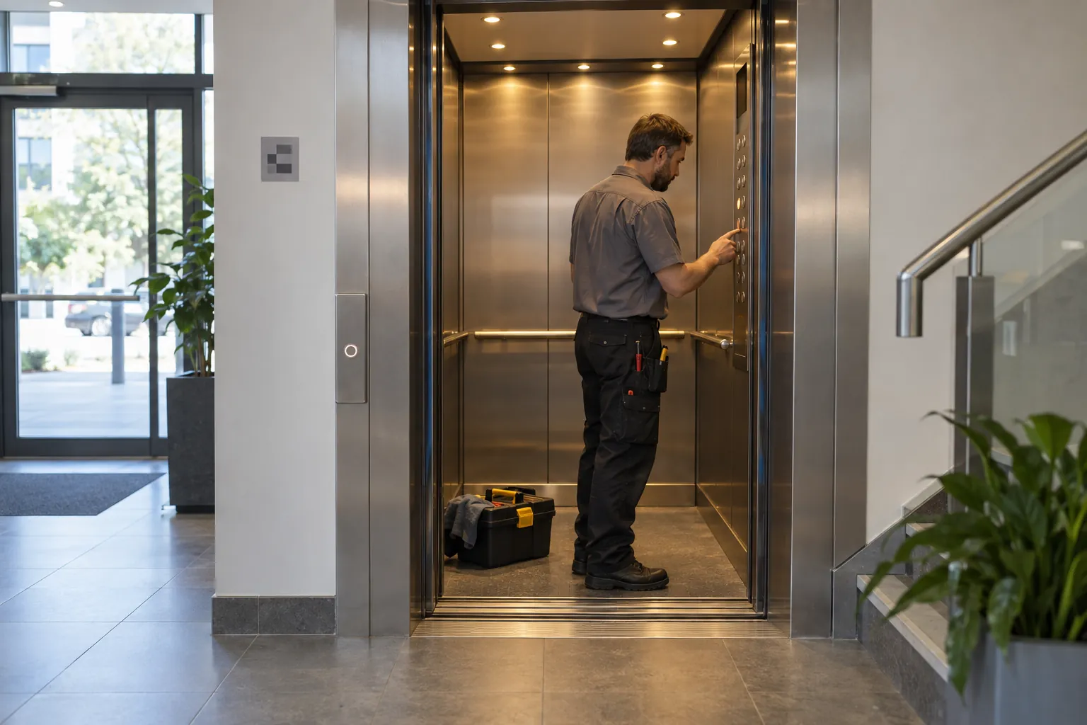 A lift engineer working inside an open lift car in an office lobby.