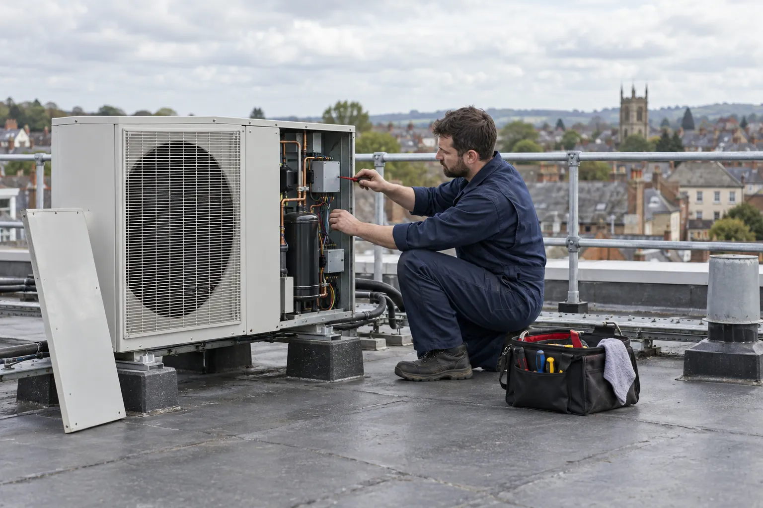 An engineer servicing an air conditioning unit on the flat roof of an office building.
