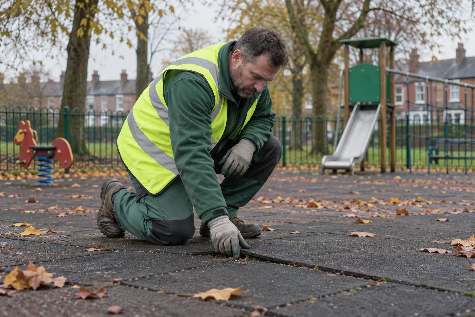 A grounds operative kneeling on a playground's rubber safety surfacing, checking it by hand.