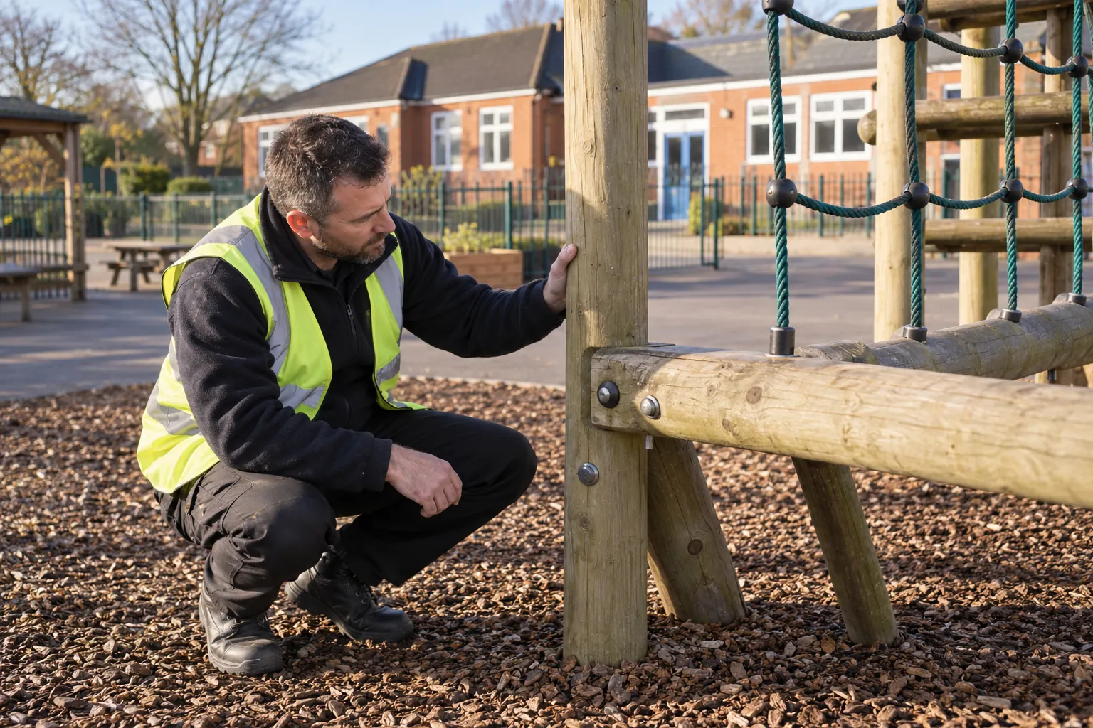 A school site manager crouching to look at a joint on a timber climbing frame in an empty school playground early in the morning.