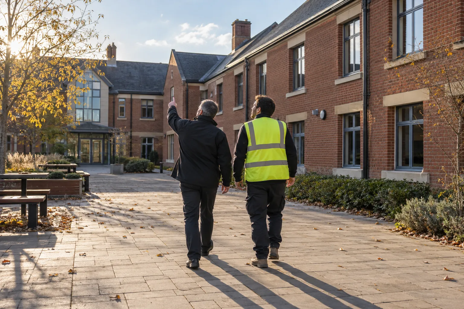 A premises manager walking across a college courtyard with a contractor.