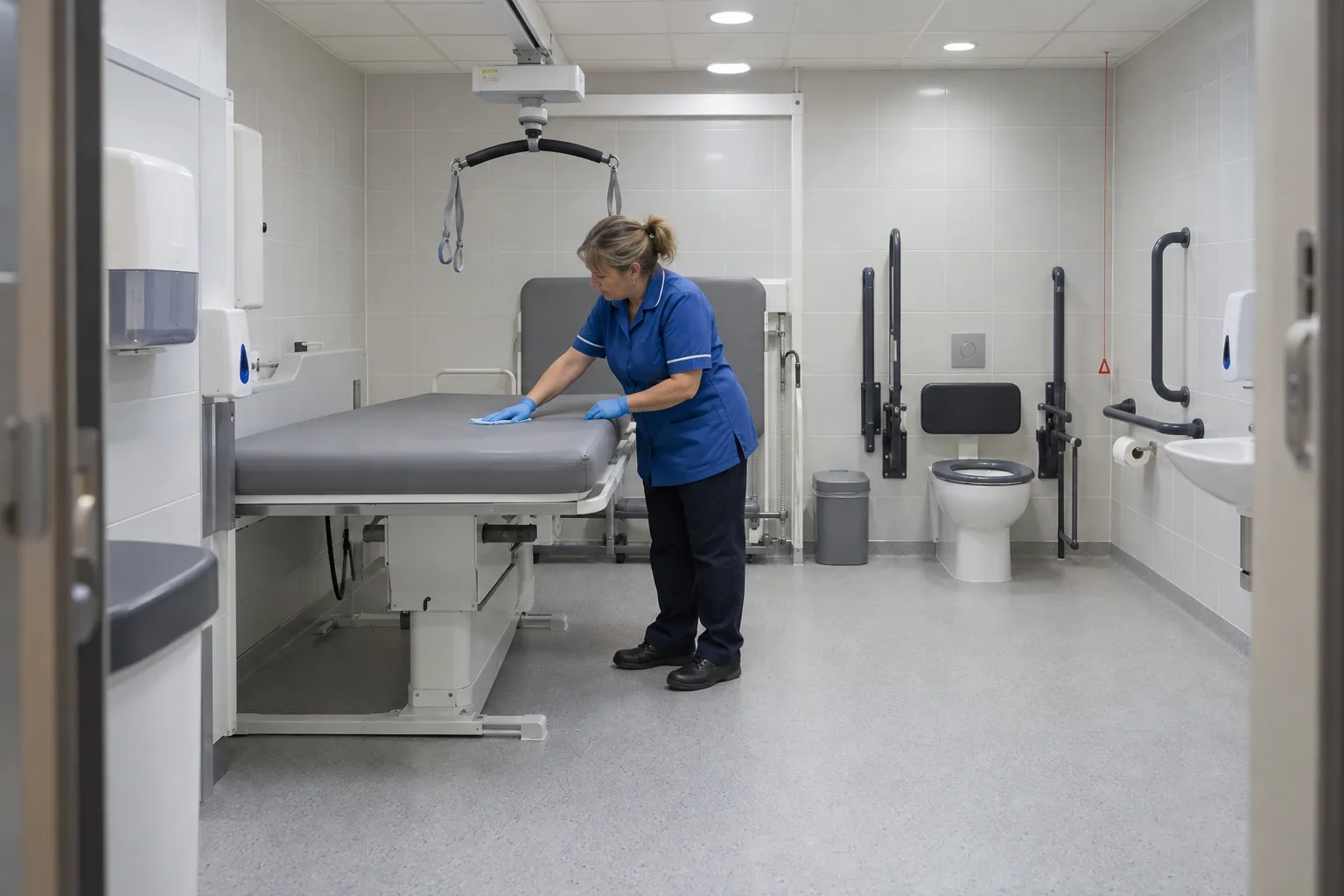 A cleaner wiping the adult changing bench in a Changing Places toilet.
