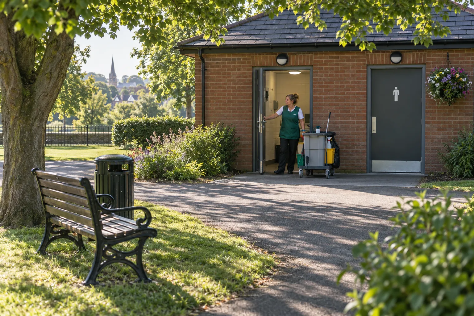 An attendant opening a park toilet block on a sunny morning, with a cleaning cart beside the door.