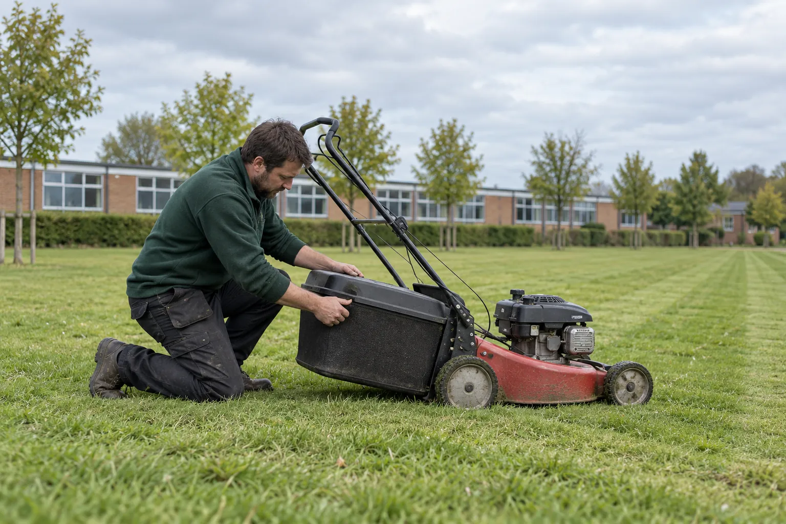 A groundsperson kneeling on a school playing field to check the grass box fitted to a pedestrian mower.