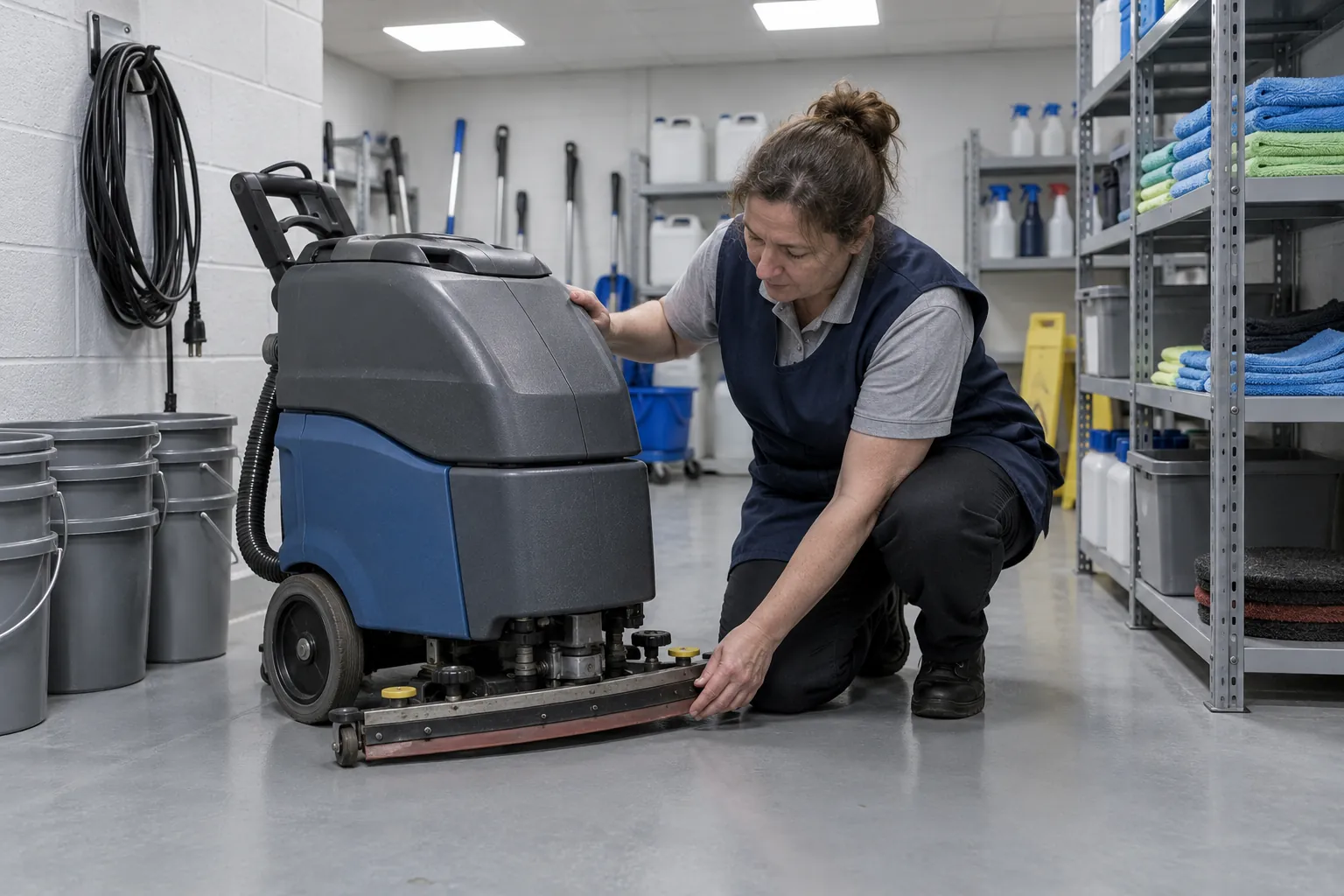 A cleaning supervisor crouching beside a scrubber dryer in a basement equipment store, checking its rear squeegee.