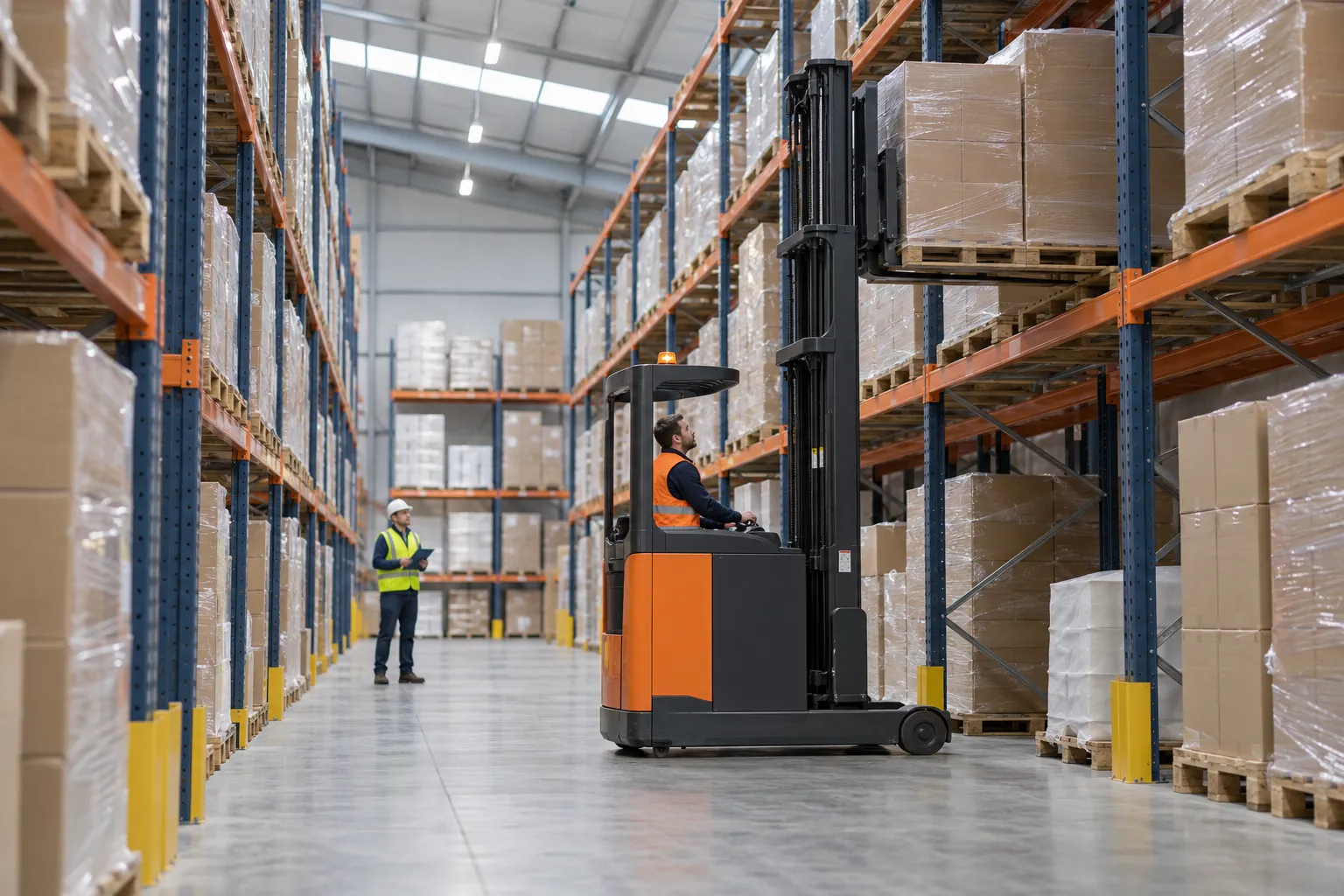 A reach truck lowering a pallet onto a racking beam while a colleague watches from the end of the aisle.