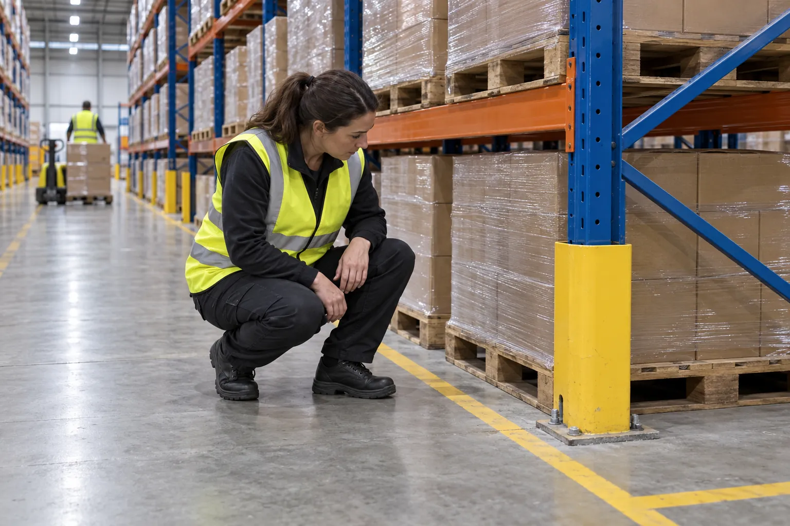 A supervisor in a high-visibility vest crouching to look at the base of a pallet racking upright in a warehouse aisle.