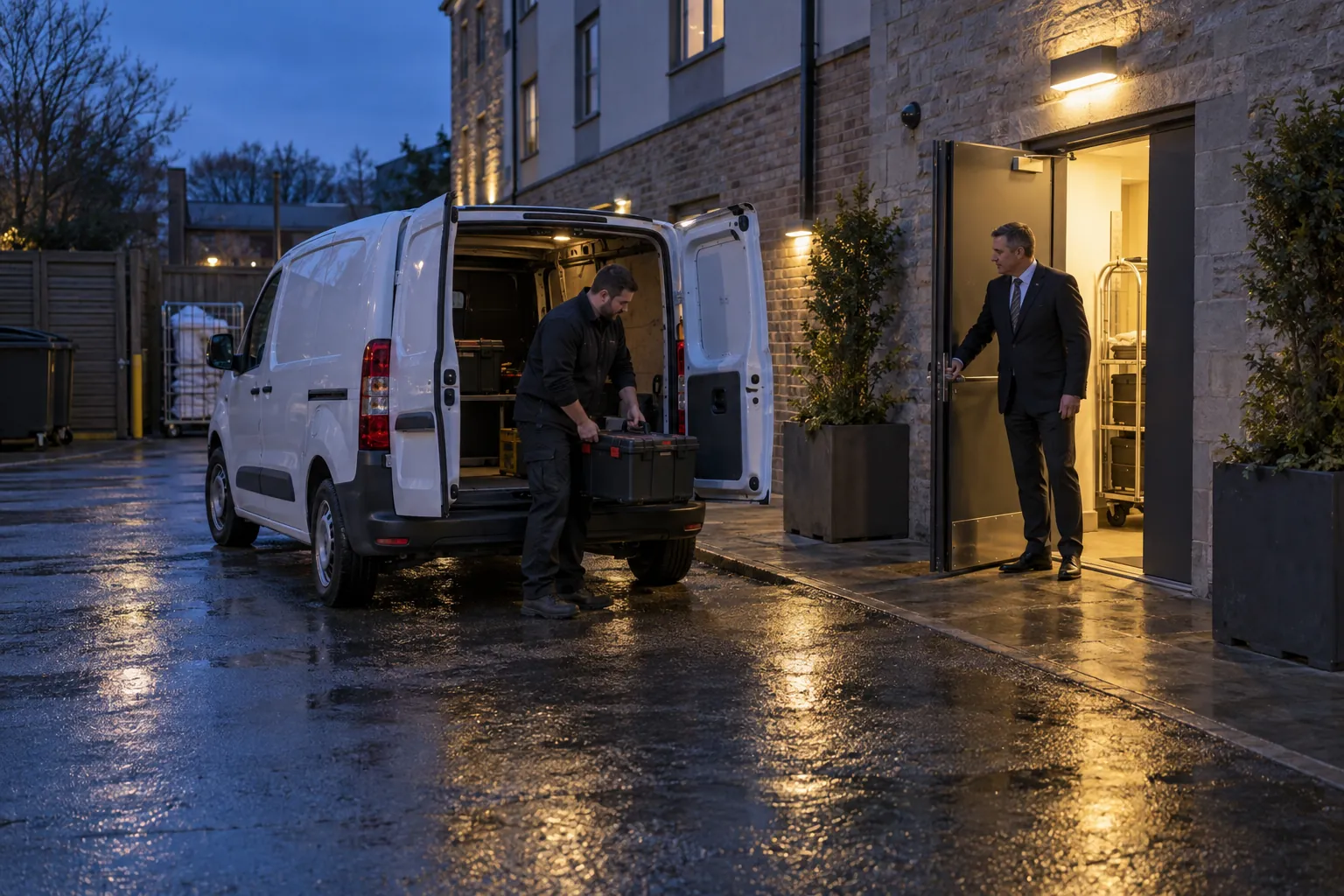 A maintenance technician arriving with a toolbox at a hotel service entrance at dusk.