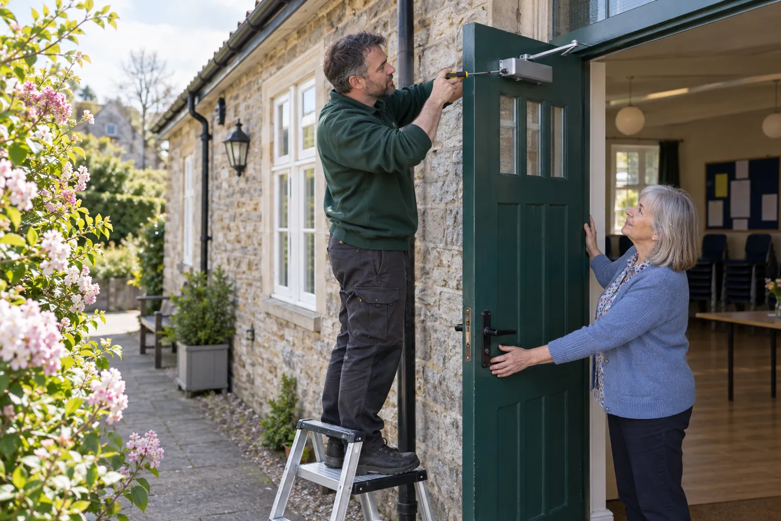 A technician fitting a door closer to a community hall entrance while a caretaker holds the door.