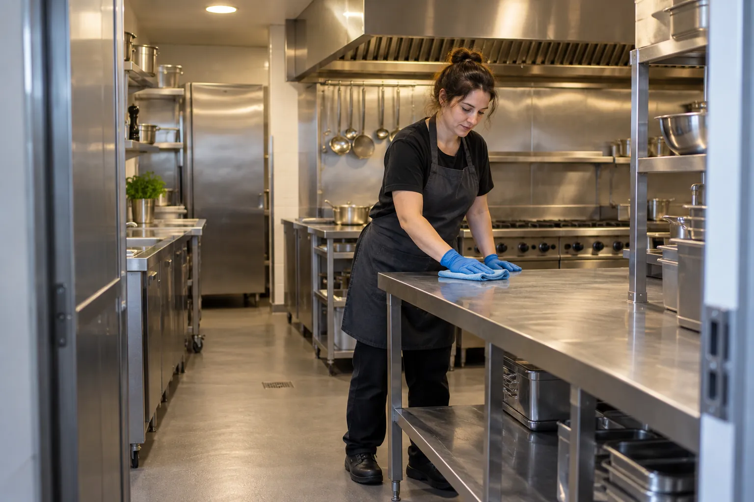 A cleaner wiping an empty stainless-steel preparation bench in a restaurant kitchen.