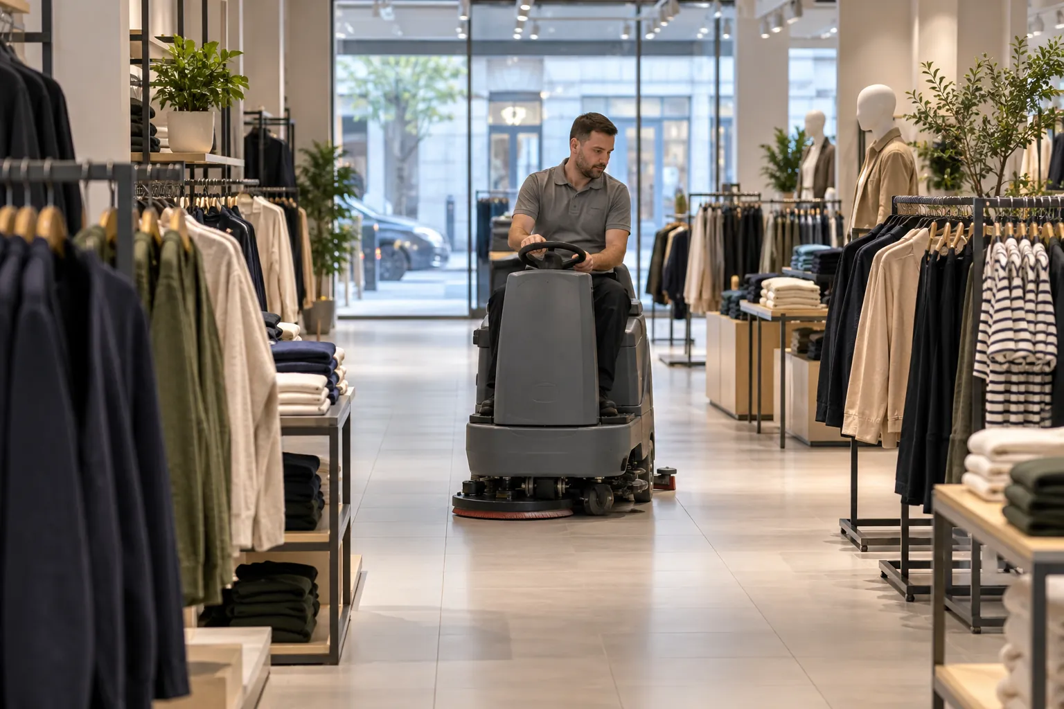 A cleaner machine-cleaning a shop floor between clothing rails before opening.