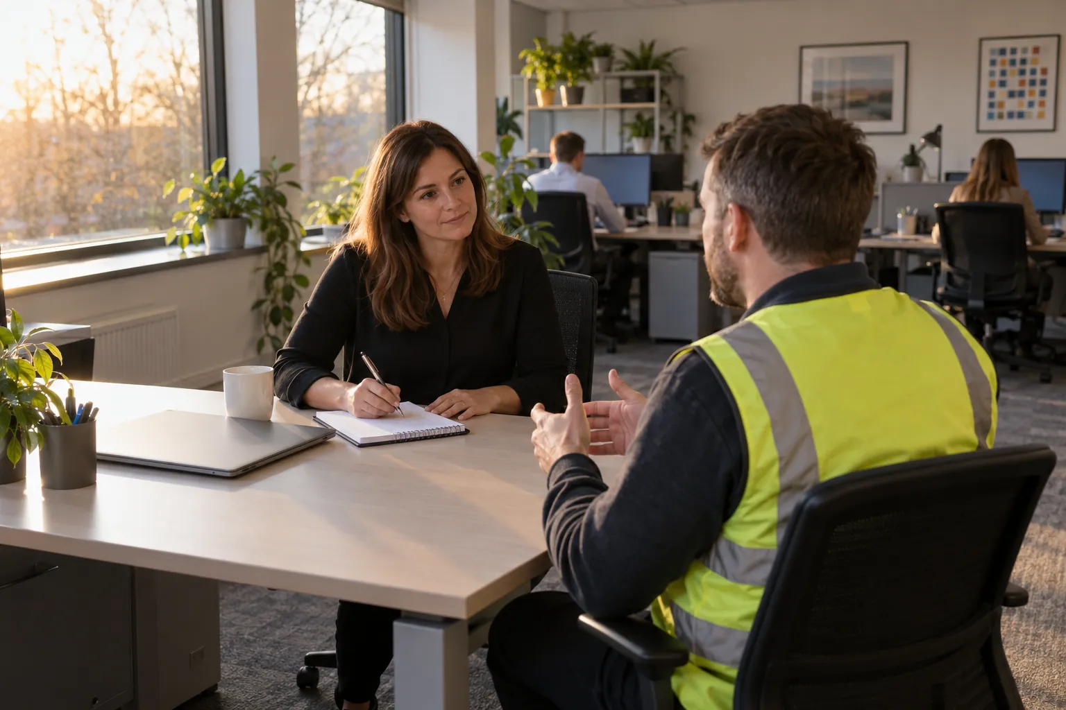 A safety adviser taking notes at a desk while a colleague in a high-visibility vest describes what happened.