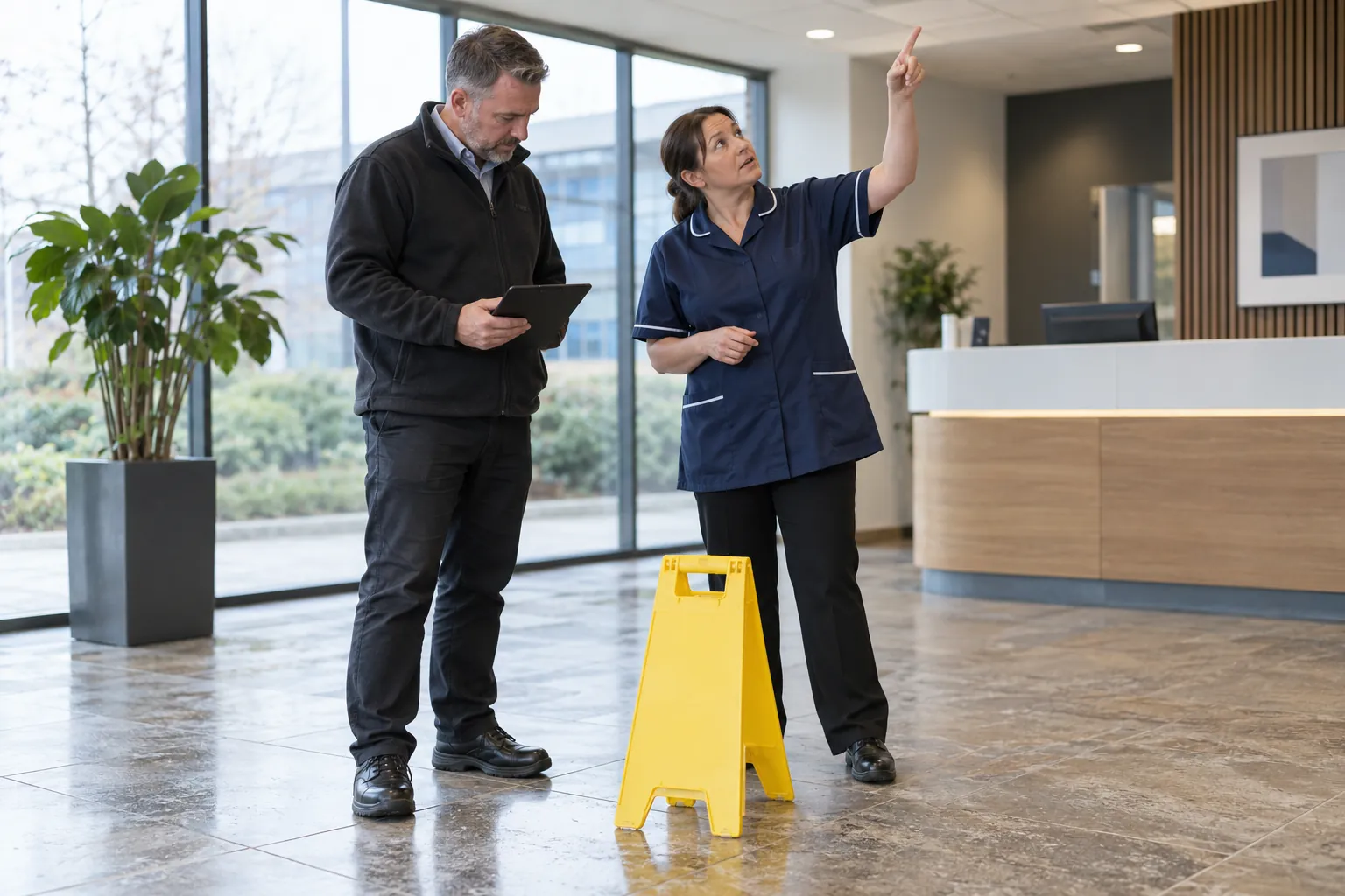A premises manager and a cleaning supervisor looking at the floor beside a wet-floor sign in an office entrance lobby.