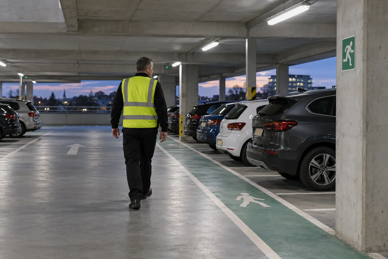 A security officer in a high-visibility vest walking a patrol along a quiet, well-lit car park deck in the early evening.