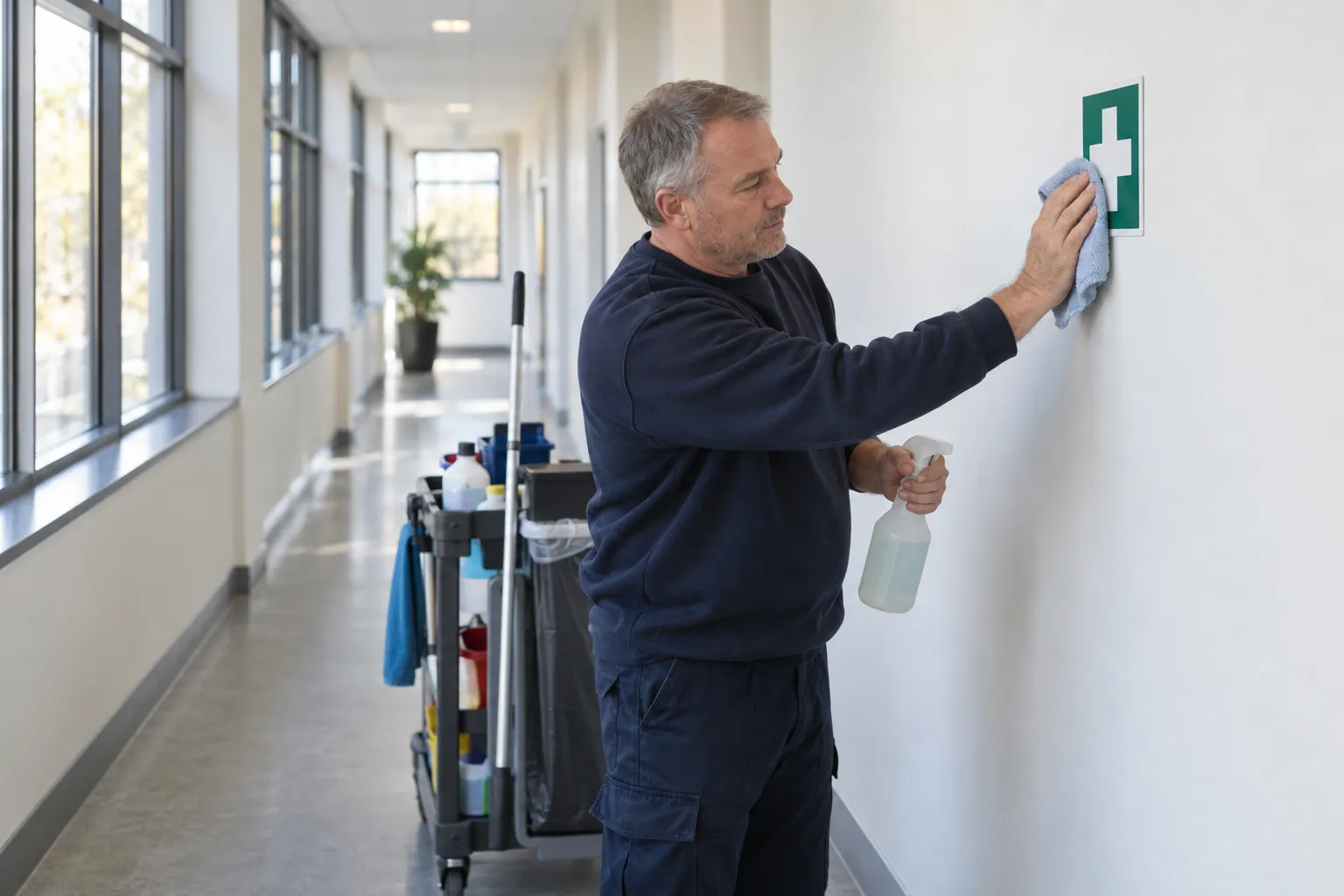 A caretaker wiping a green first aid sign on a college corridor wall with a cloth.