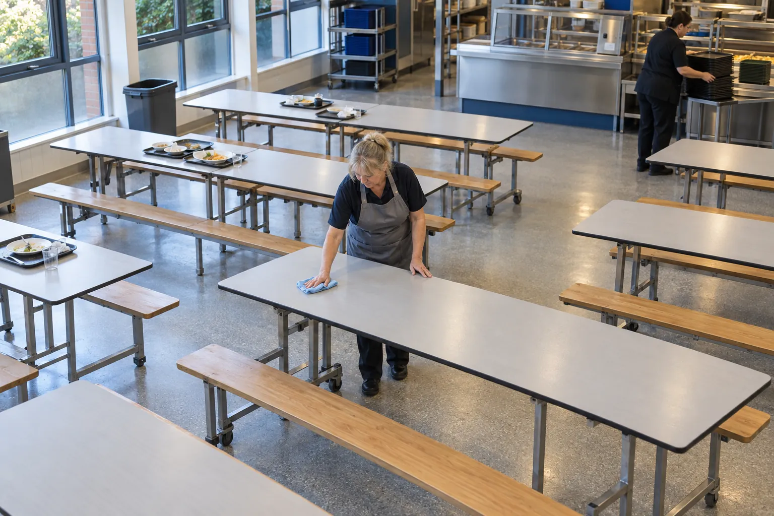 Two cleaners clearing and wiping tables in a school dining hall after lunch.