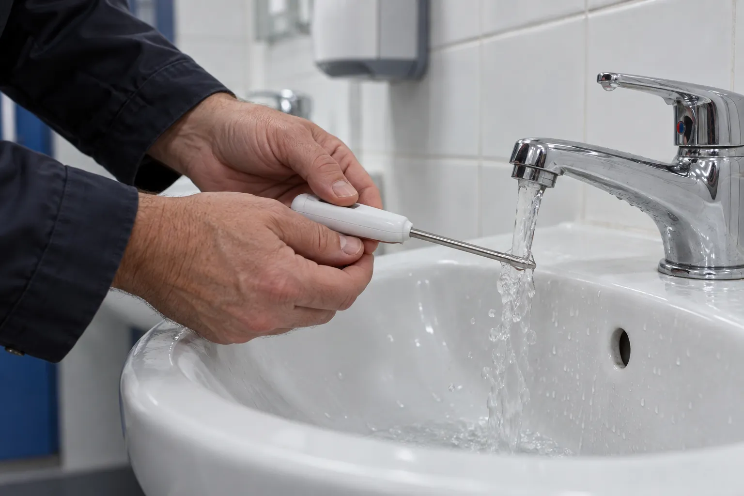 A site manager checking the water temperature at a washroom tap.
