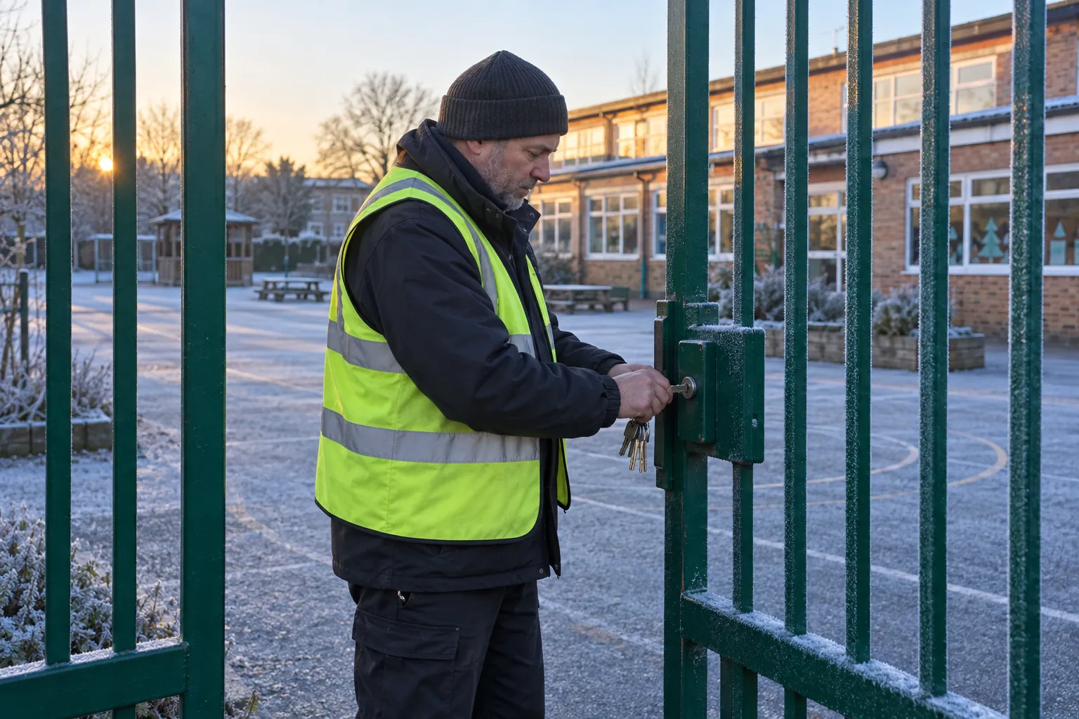 A school site manager unlocking the gates on a frosty morning.