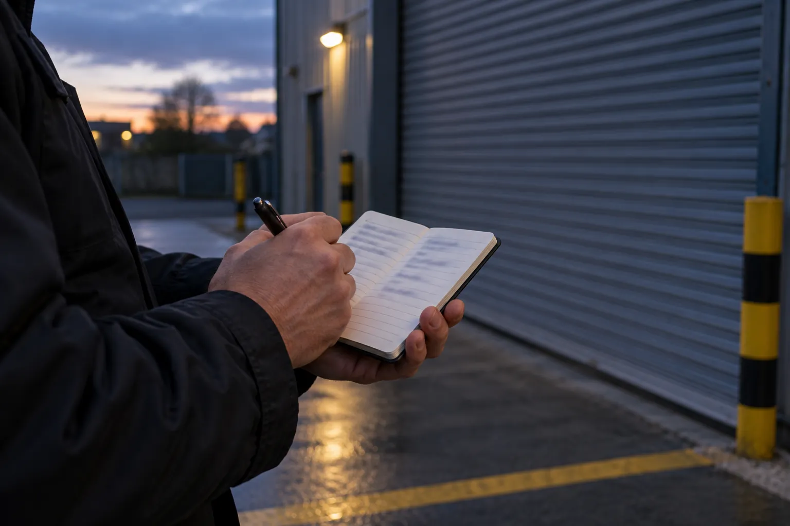 An officer's hands holding an open notebook beside a loading bay door at dusk.