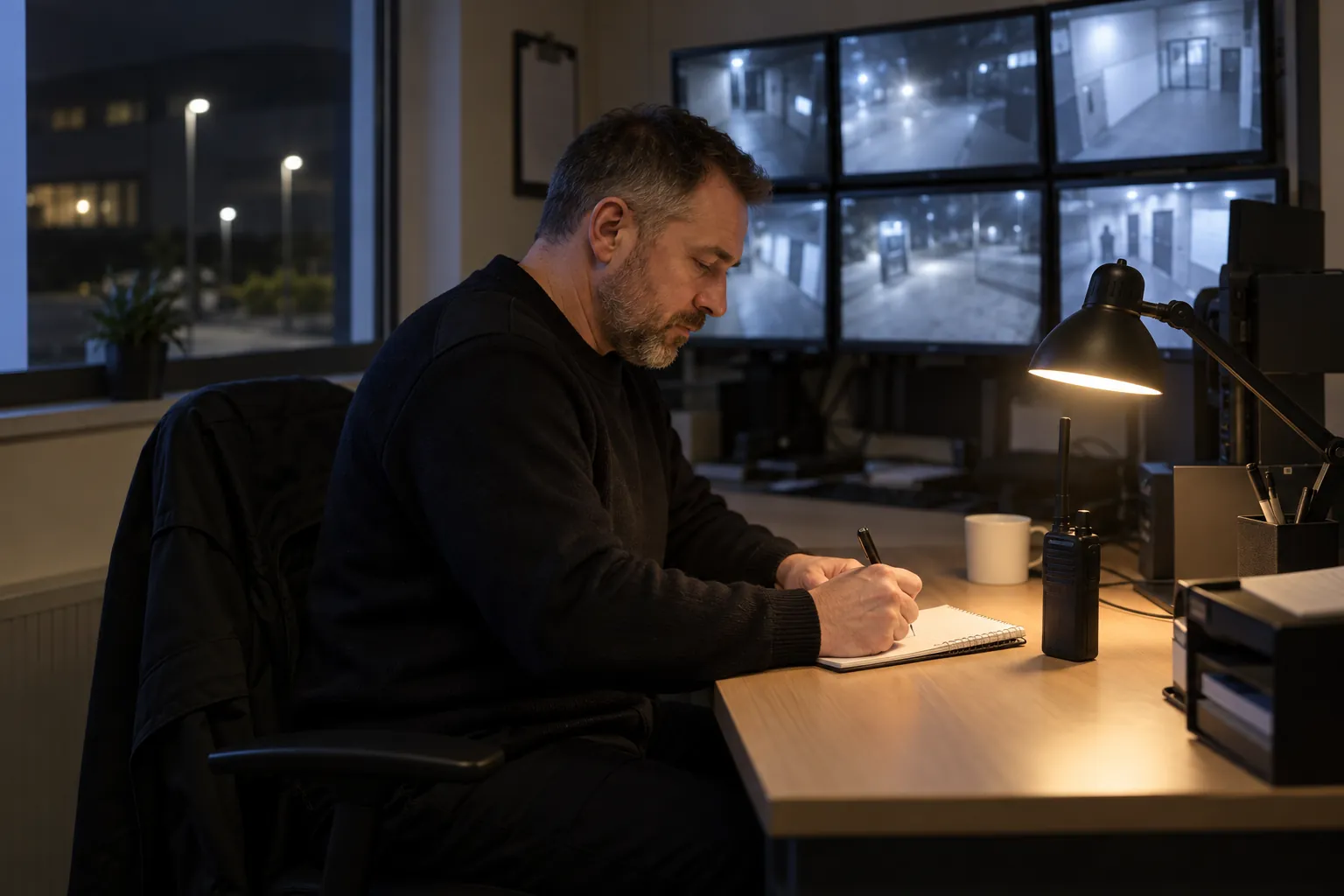 A security officer writing notes at a desk in a security office at night.
