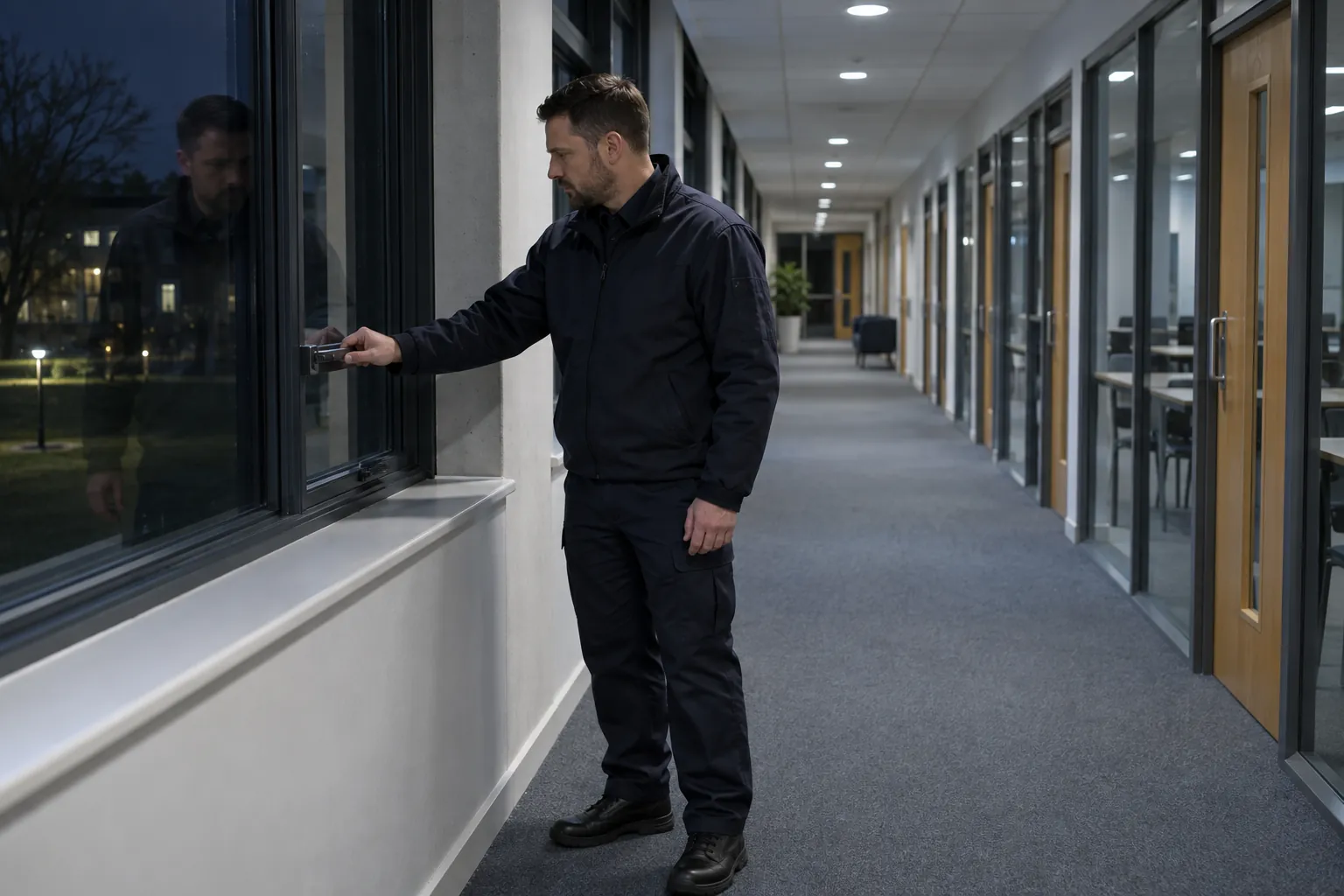 A security officer checking a window latch in a quiet college corridor at night.