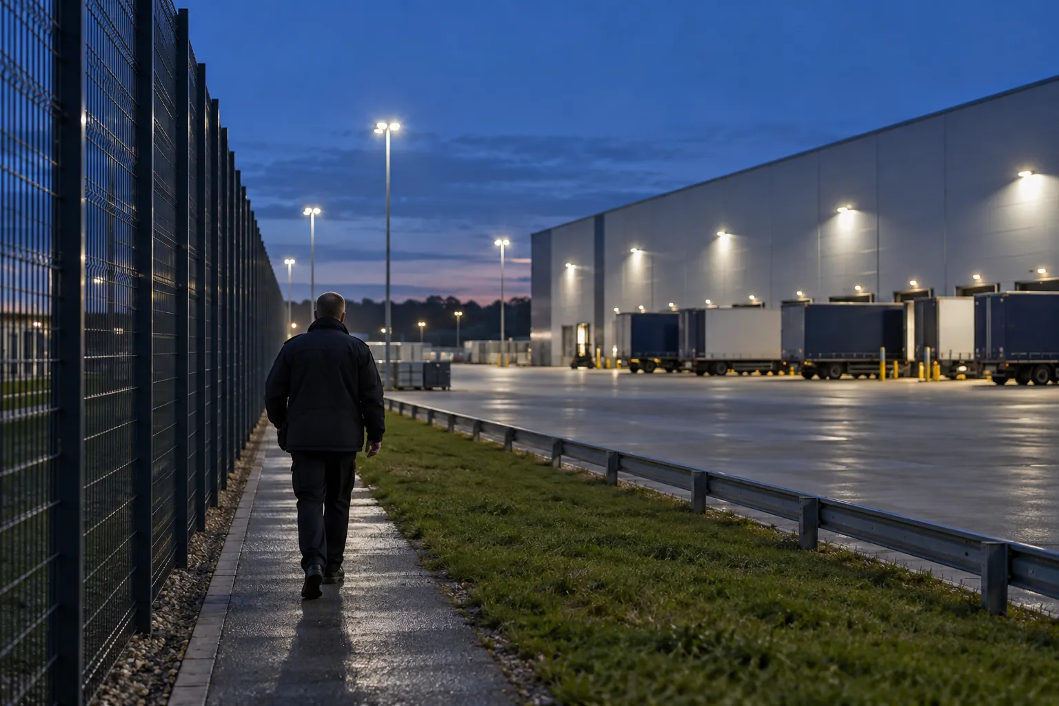 A security officer walking along the perimeter fence of a distribution centre at dusk.