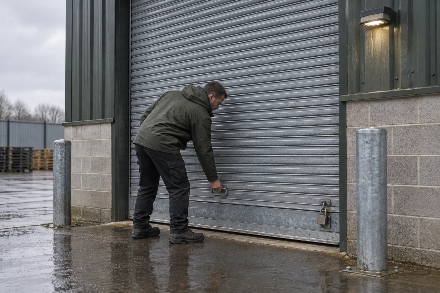 A hand testing a locked roller shutter at a warehouse door.
