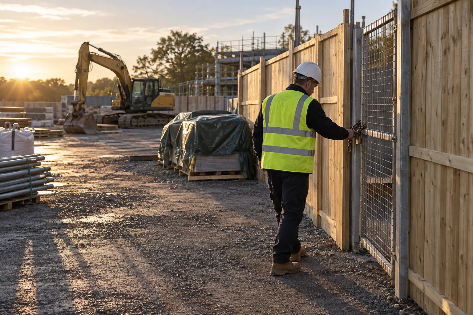 A site manager checking a padlocked gate on a construction site in early morning.