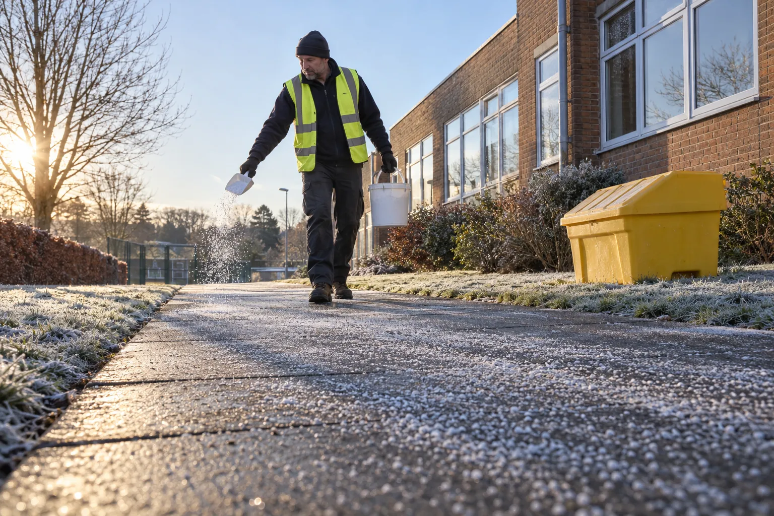 A caretaker spreading grit on a frosty path outside a brick school building.