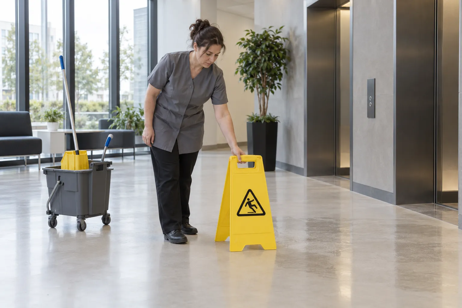 A cleaner placing a yellow wet floor sign beside a freshly mopped lobby floor.