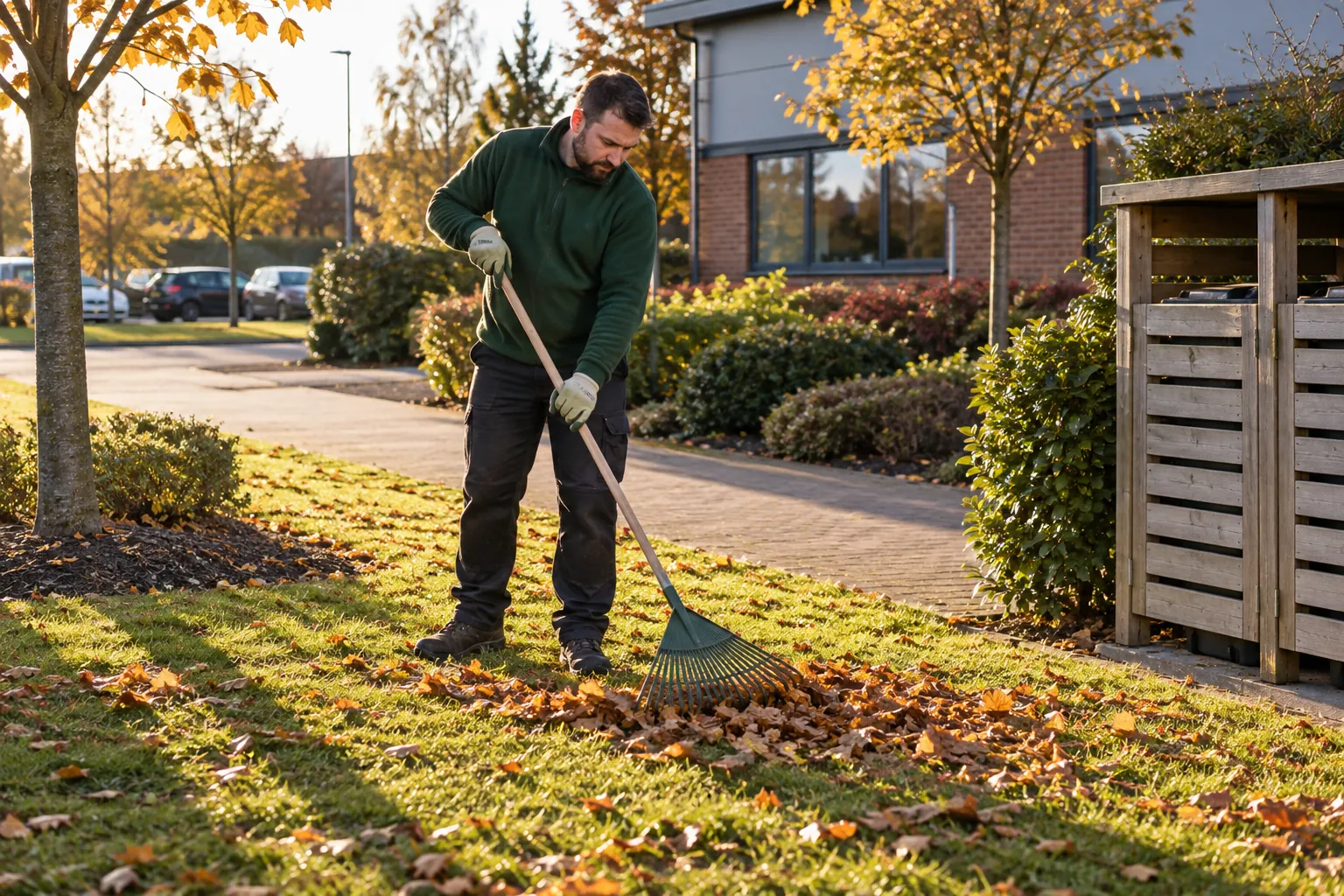 A groundsperson raking leaves outside a business park building.