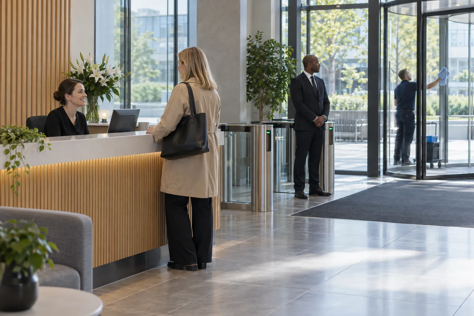 A receptionist, a security officer and a cleaner at work in an office reception in the morning.