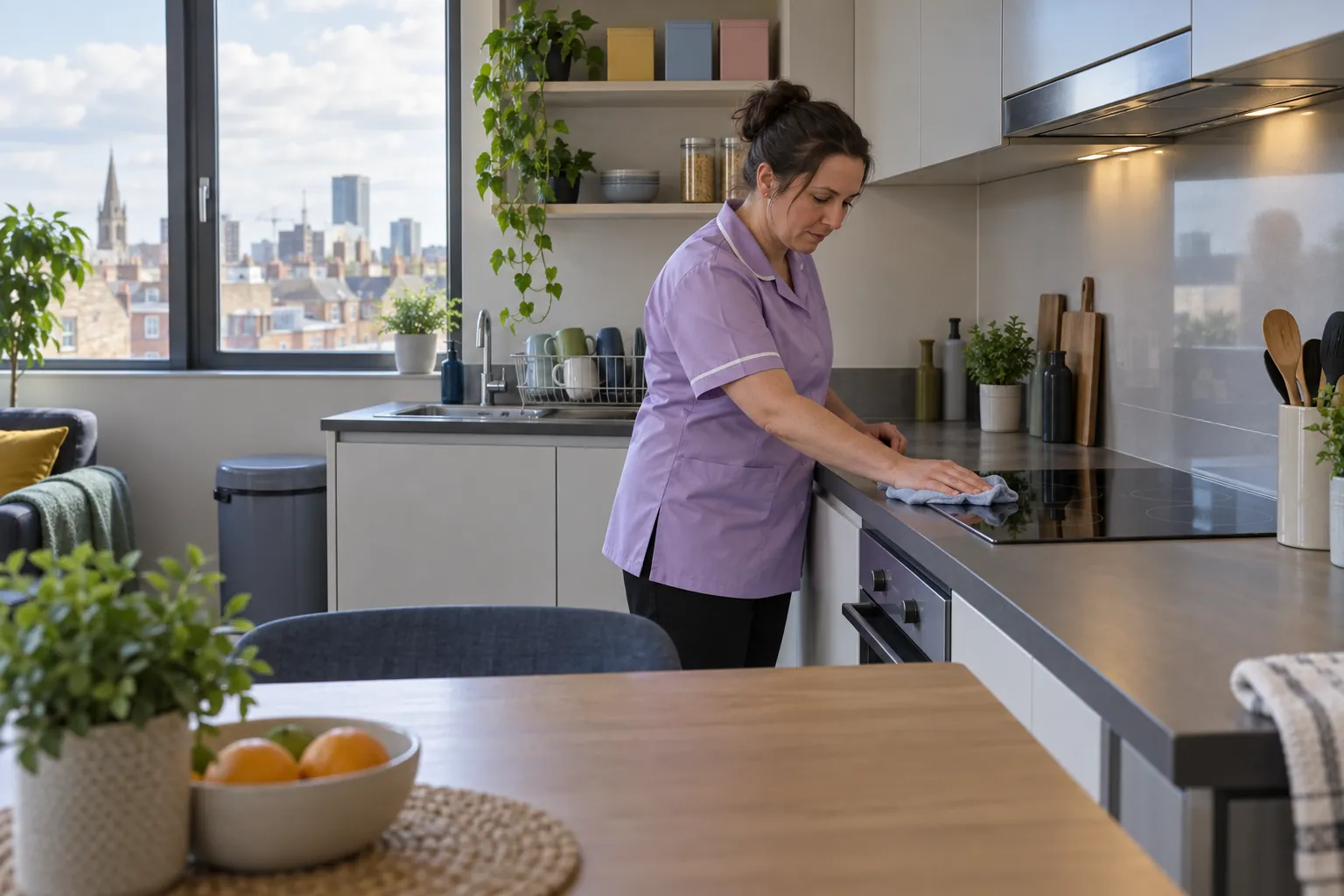 A cleaner wiping the hob in a shared student kitchen.