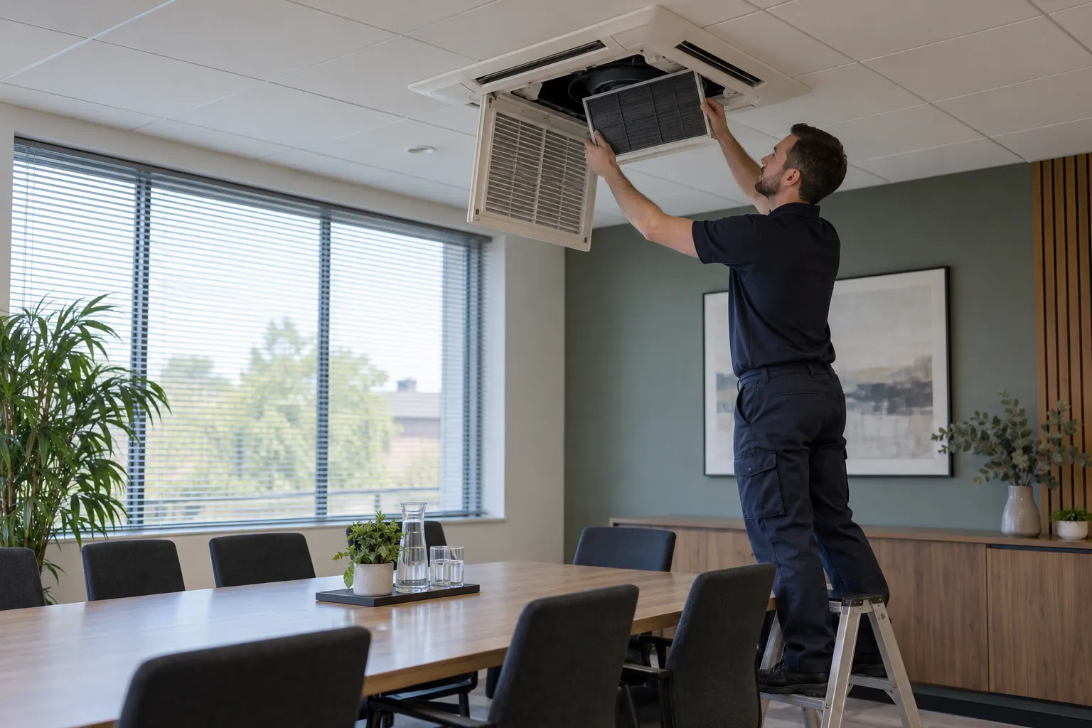 A technician refitting a filter in a ceiling air conditioning unit in a meeting room.