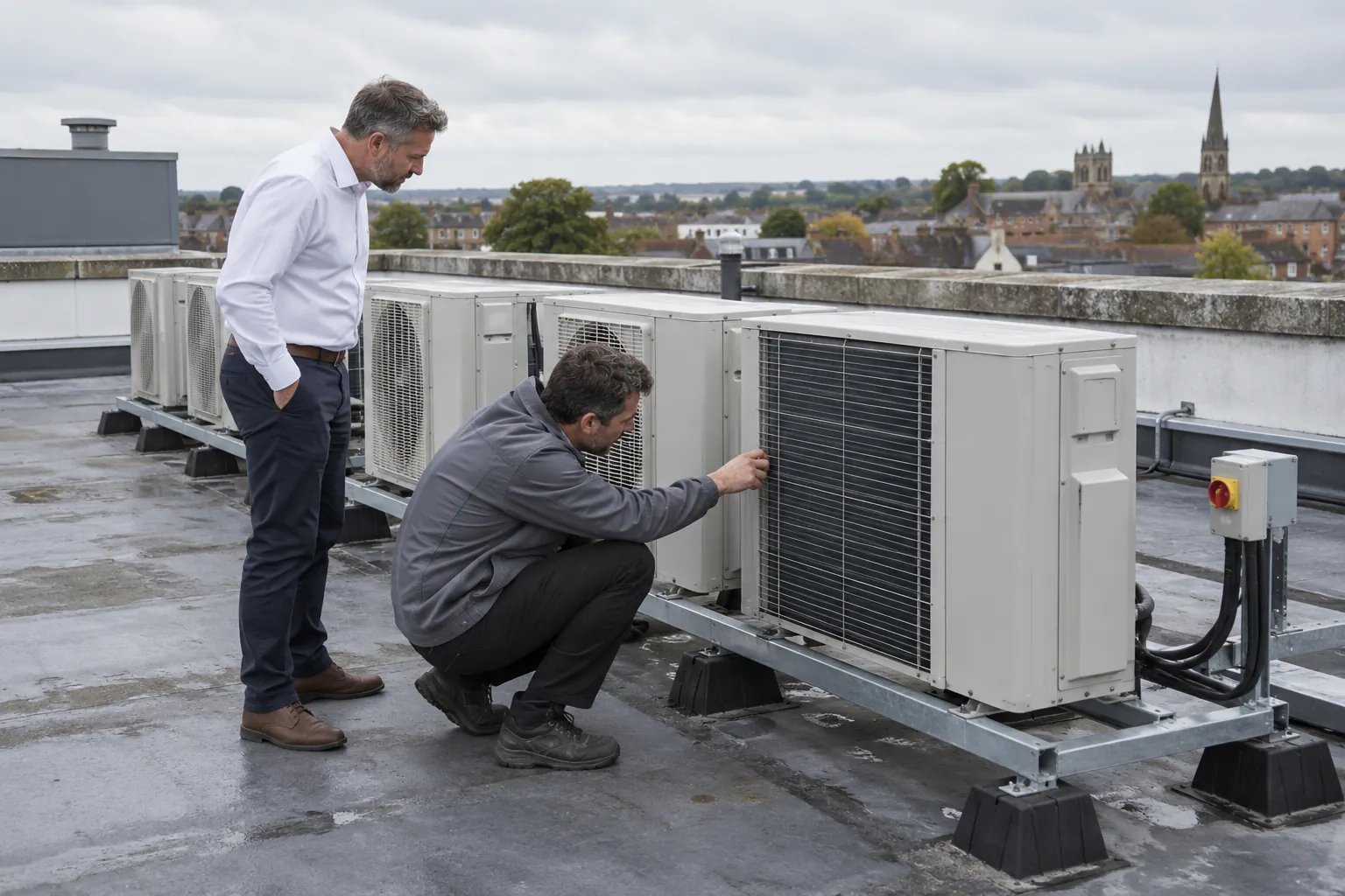 An energy assessor and a facilities manager looking at air conditioning condenser units on an office roof.