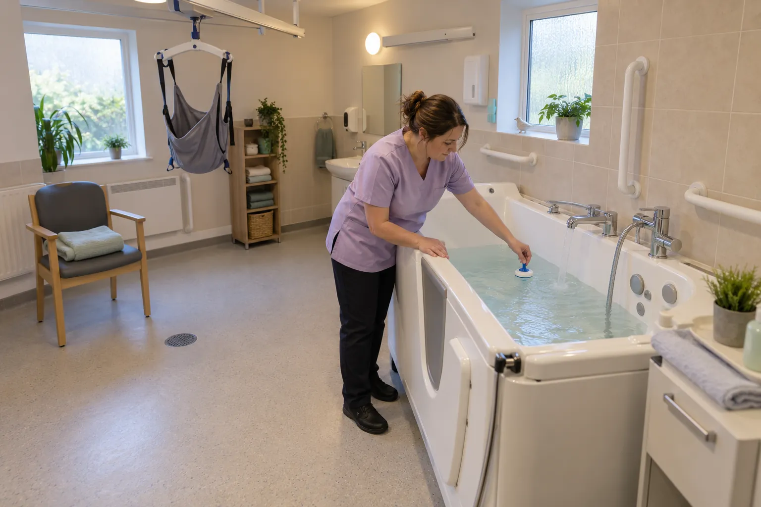 A care worker checking the water temperature with a bath thermometer as an assisted bath fills in a care home bathroom.