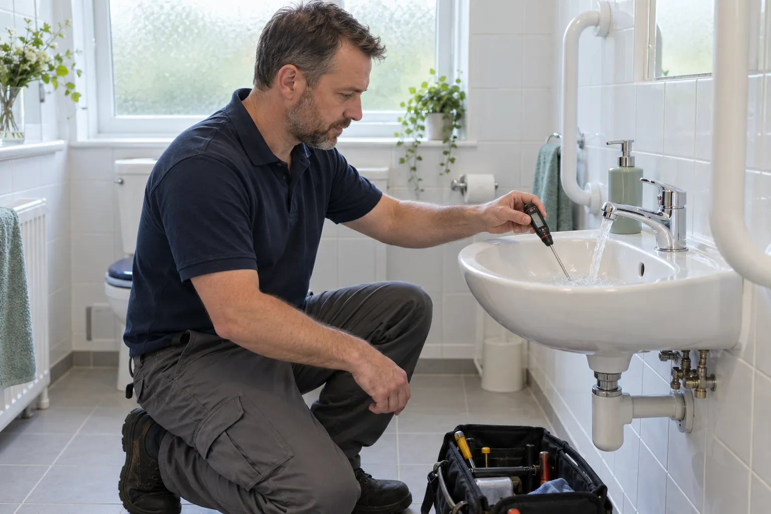 A maintenance engineer holding a probe thermometer in the water running from a washbasin tap in a care home bathroom.